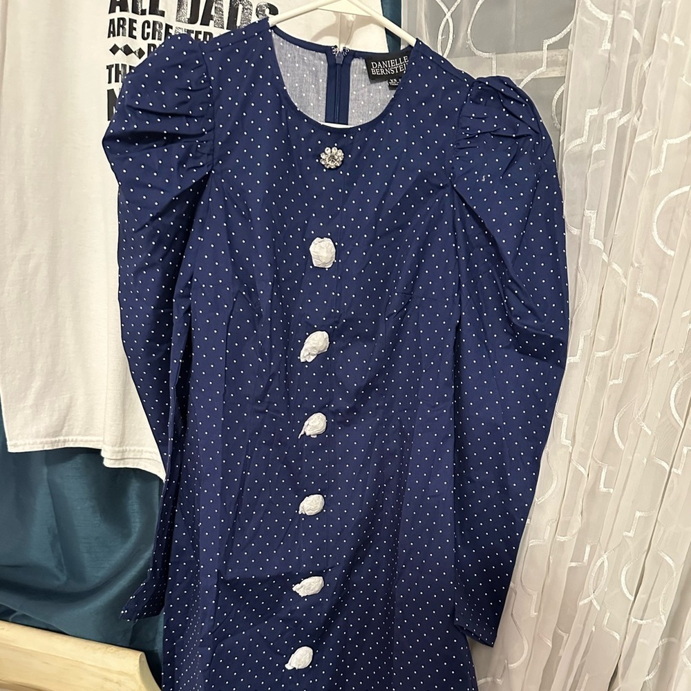 DANIELLE BERNSTEIN Navy Polka Dot Long Sleeve Dress